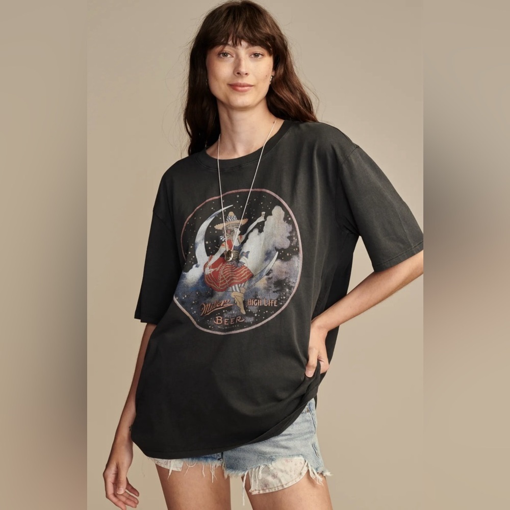 Lucky Brand SMALL Miller High Life Black Graphic Oversized Tee - Picture 2 of 9